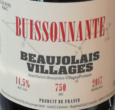 BUISSONNANTE - ROUGE - 75CL - BEAUJOLAIS VILLAGES - 2017 - 14,5%