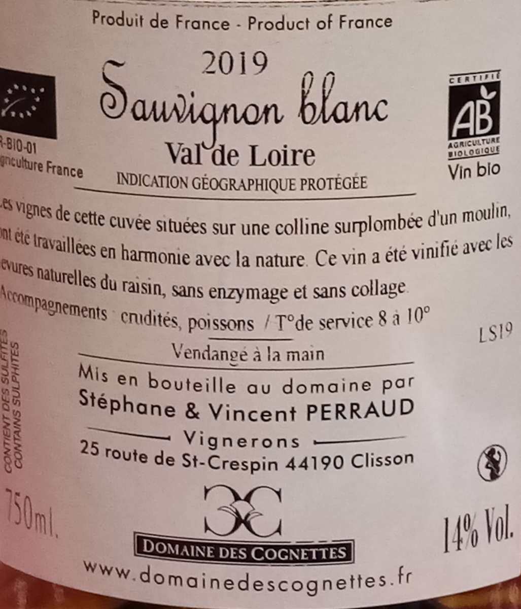 SAUVIGNON - IGP VAL DE LOIRE - COGNETTES - 75CL - 14 %